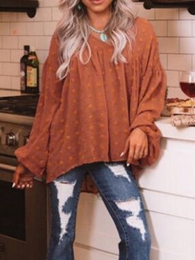Lovely Deep V Neck Fold Design W/Slip Under Loose Orange Tunic Style Blouse